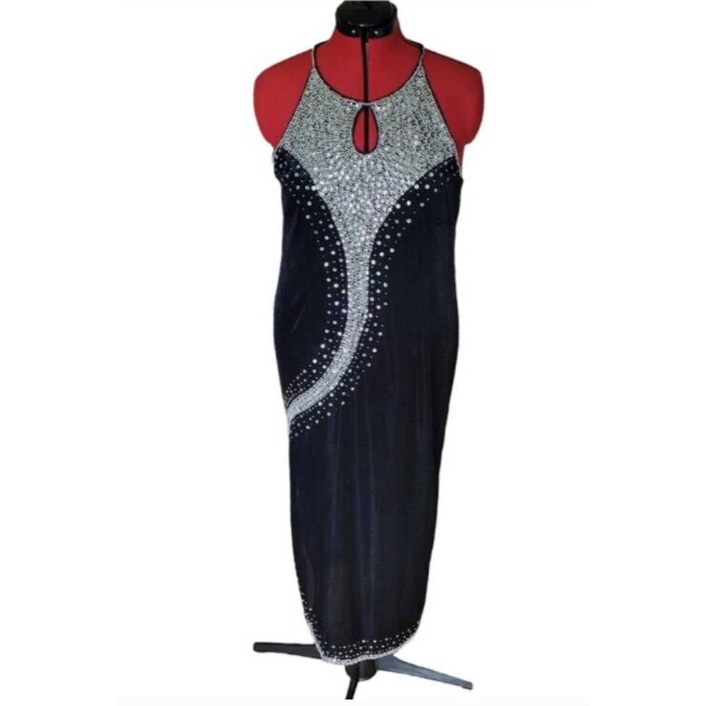 Cheongsam Qipao maxi beaded sleeveless keyhole side slit velvet gown, size 5XL